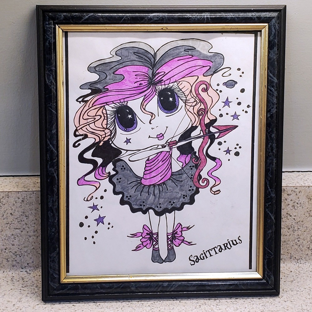 Vintage Sagittarius Zodiac Creative Pop Art Framed‎ 9x11 Big Eyed Girl